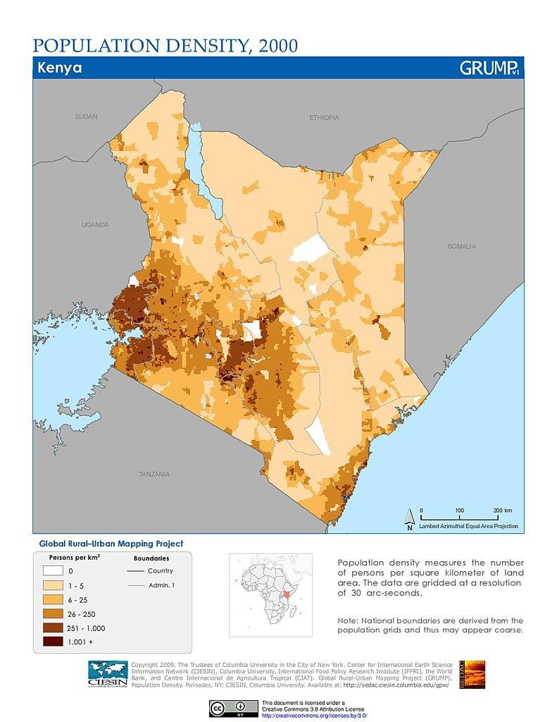 Kenya karta gustoće naseljenosti